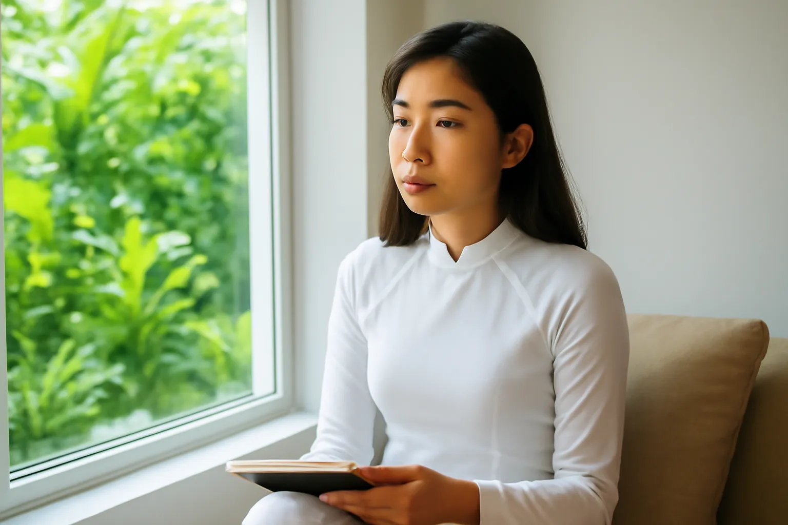 Người phụ nữ Việt ngồi bên cửa sổ suy nghĩ với cuốn sổ trên đùi