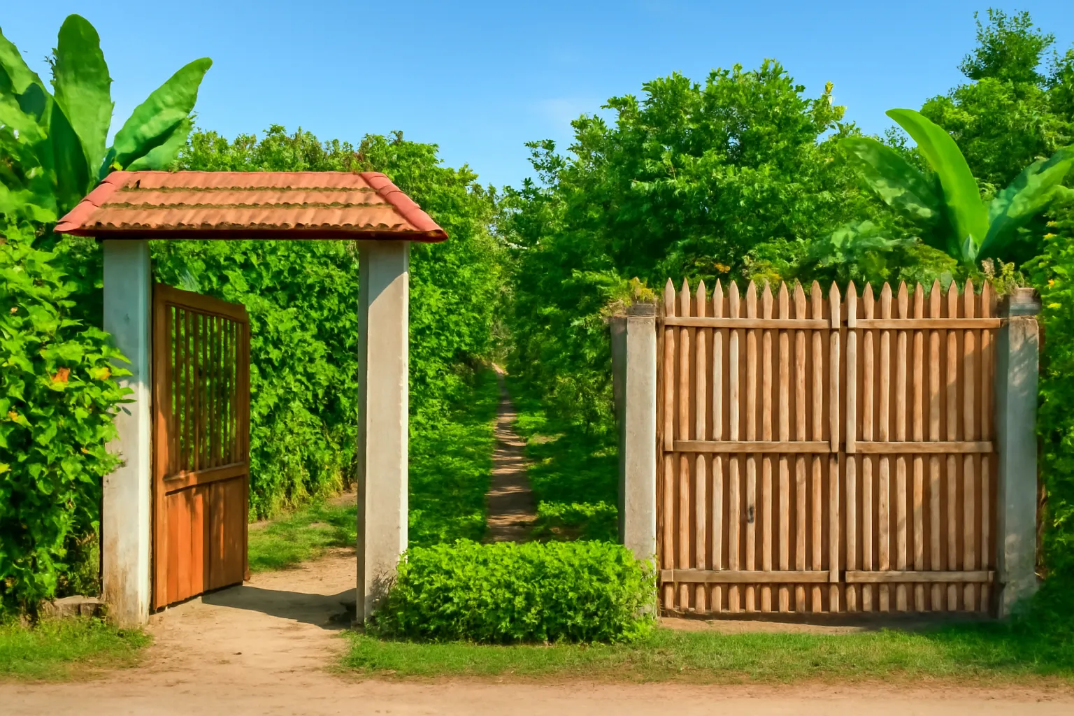 Hai khu vườn, một khu mở cổng và một khu có hàng rào