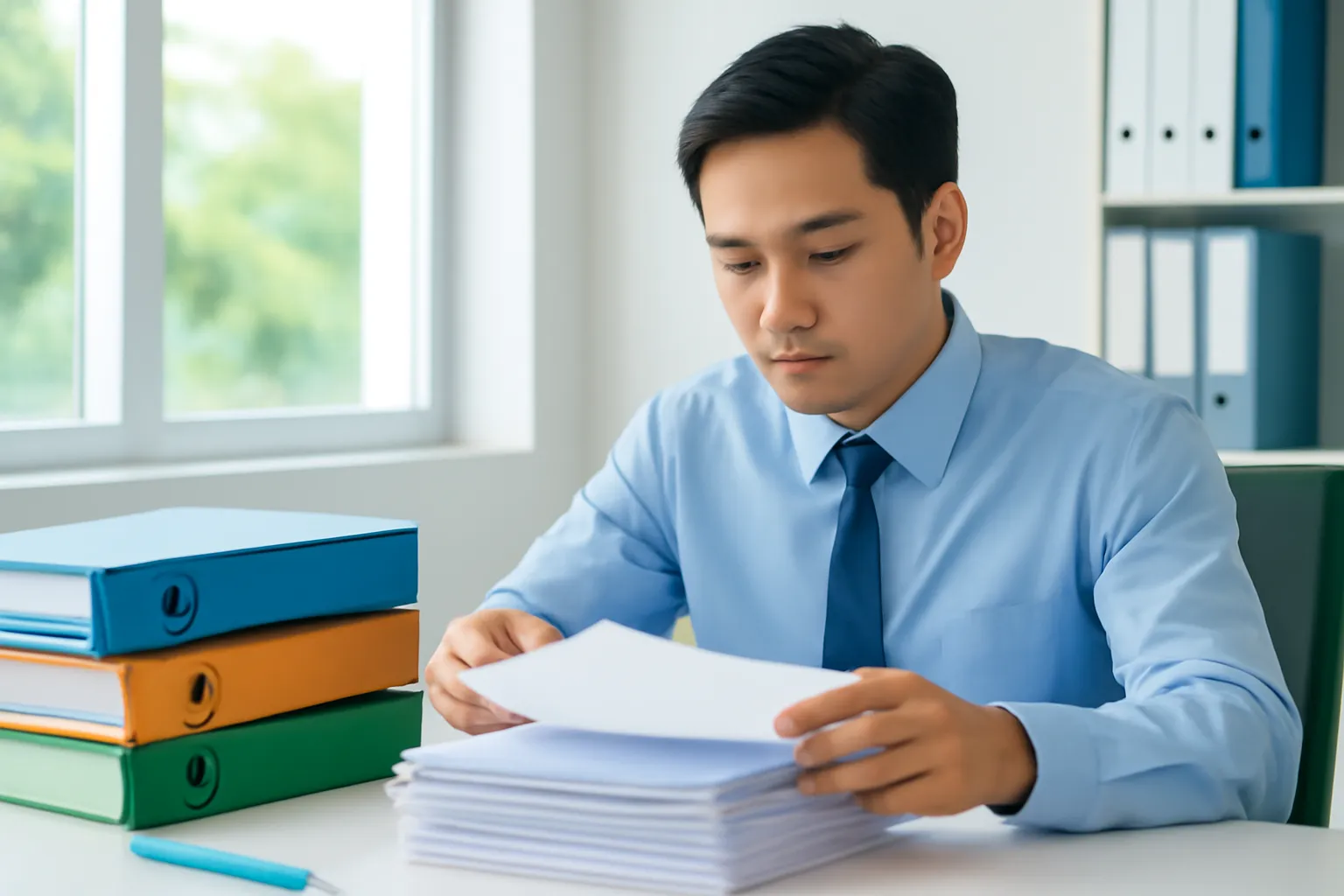 Nhân viên văn phòng Việt Nam kiểm tra hồ sơ giấy trên bàn sáng