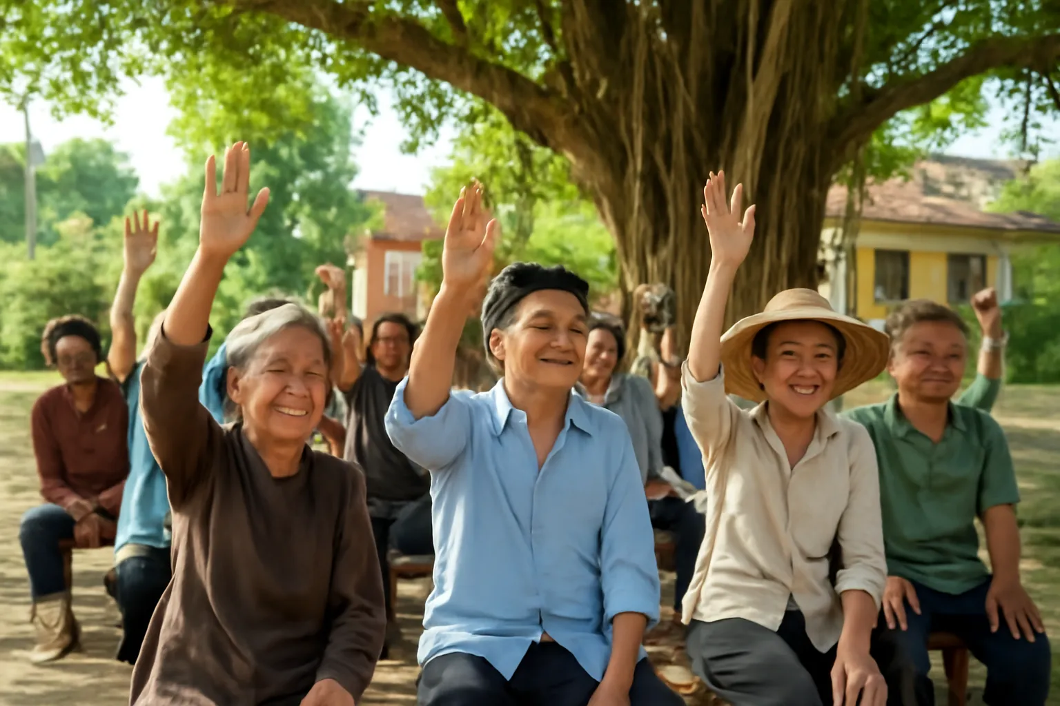 Nhóm người Việt giơ tay biểu quyết trong buổi họp thôn ngoài trời