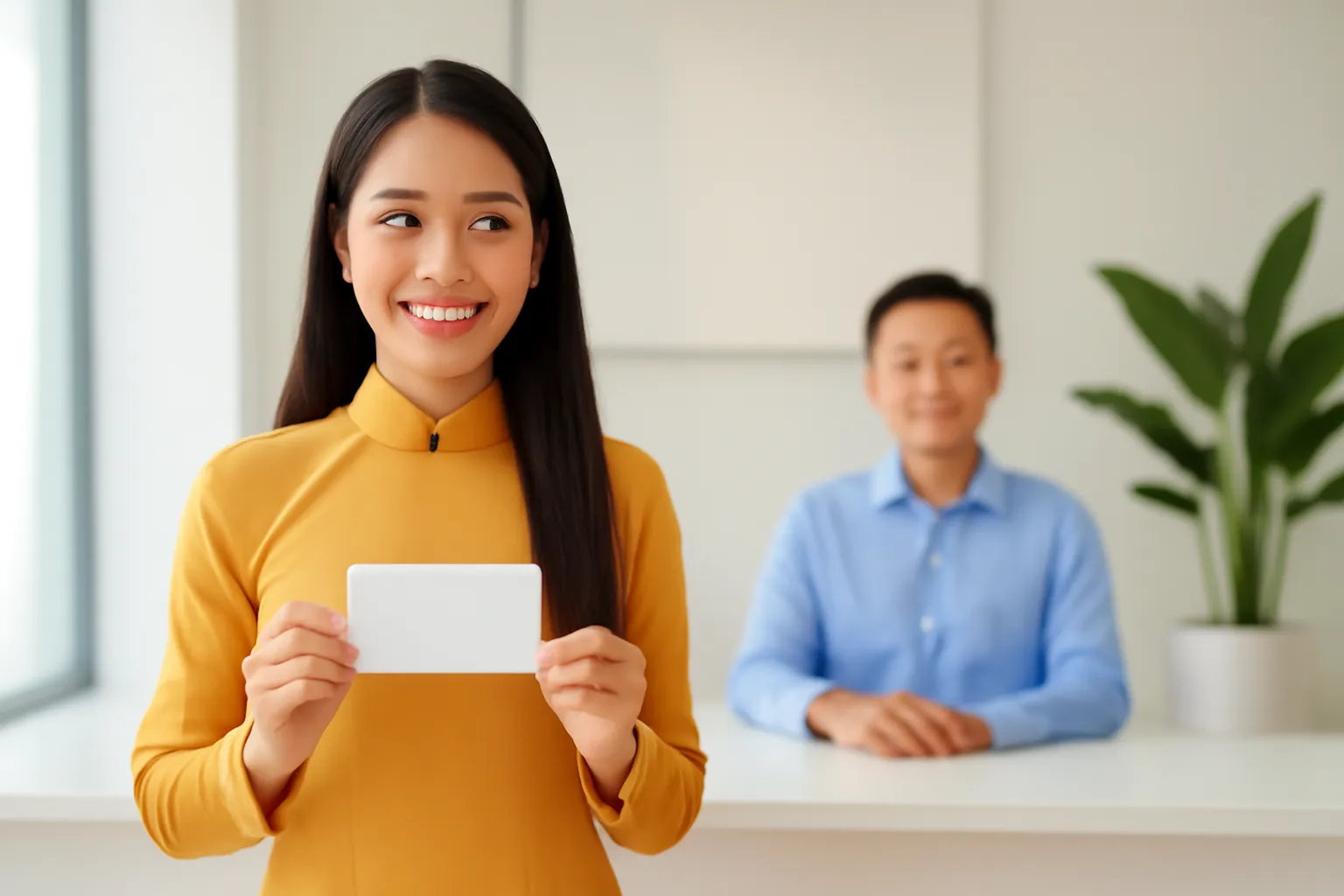 Người phụ nữ Việt Nam cầm thẻ trắng không chữ trước quầy tiếp đón sáng