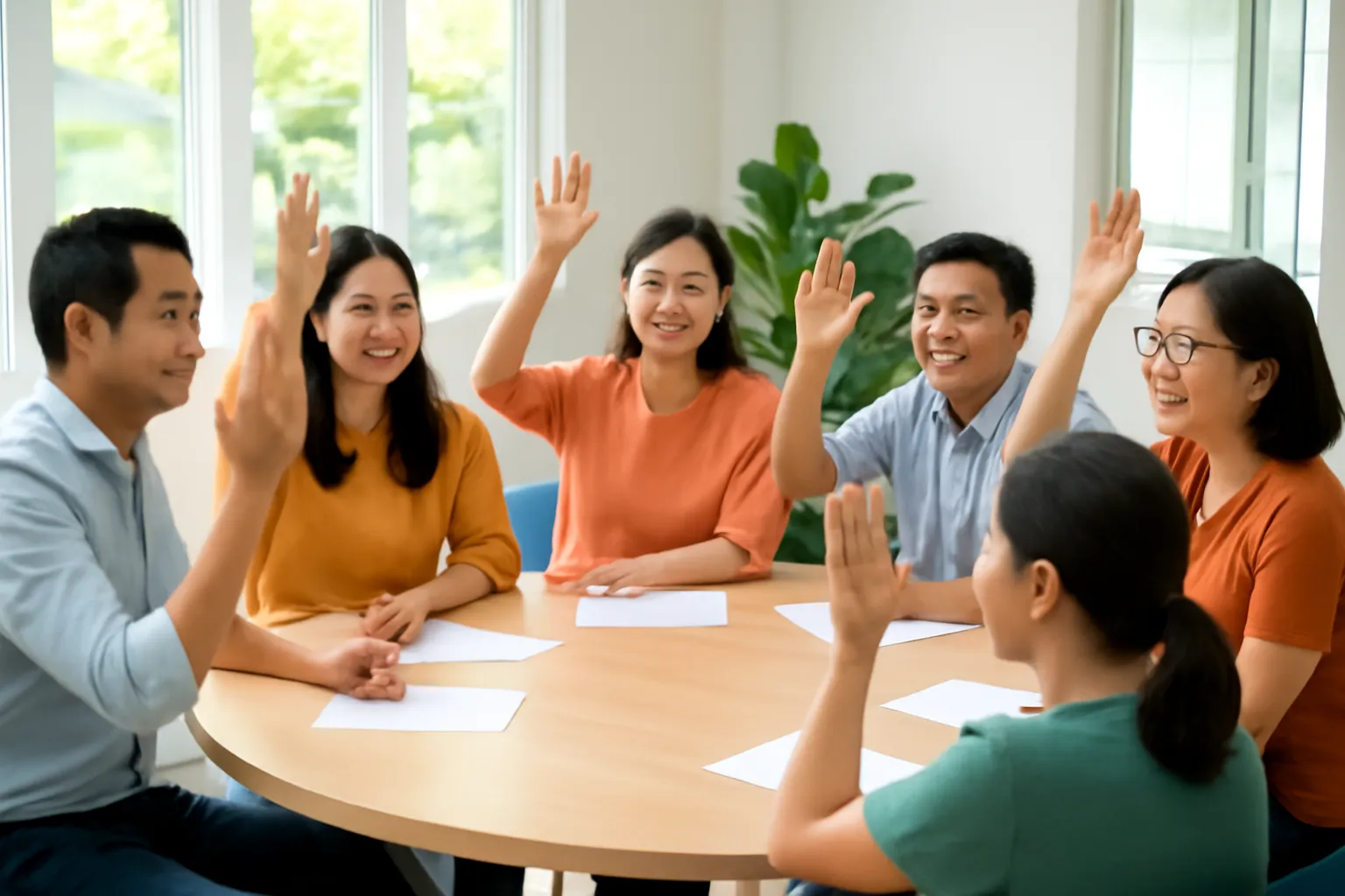 Nhóm người Việt Nam giơ tay biểu quyết trong phòng họp sáng