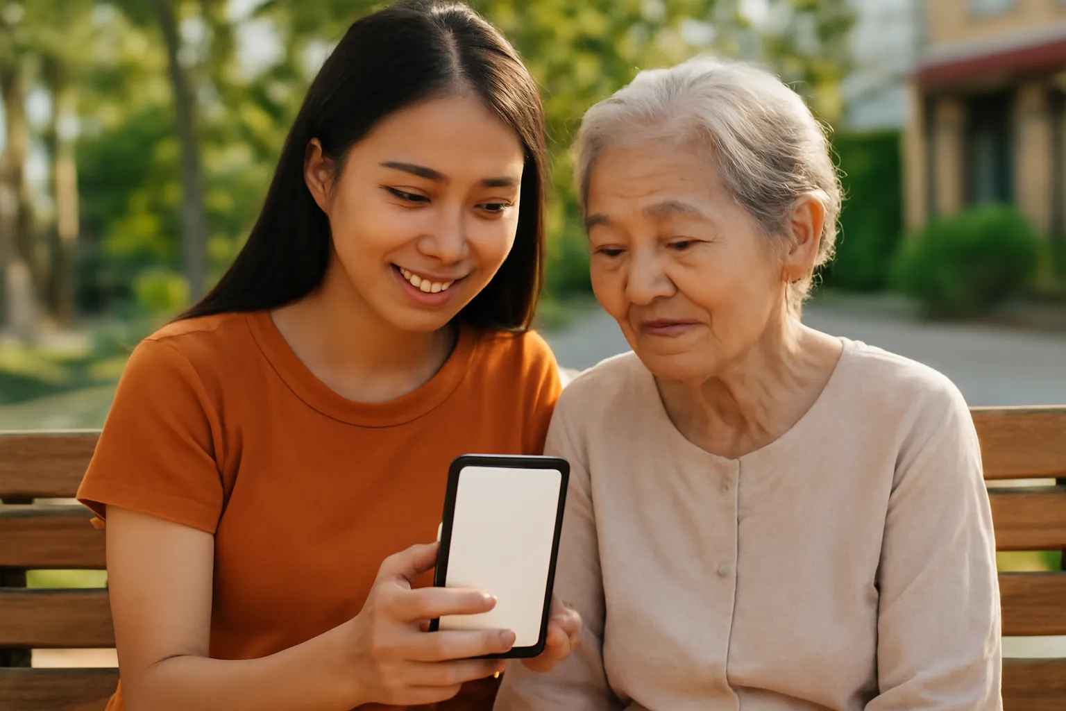 Người con gái Việt Nam ngồi cạnh mẹ cùng xem điện thoại trên ghế