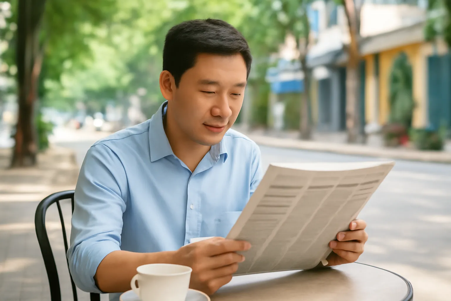 Người đàn ông Việt Nam đọc báo giấy bên bàn cà phê buổi sáng