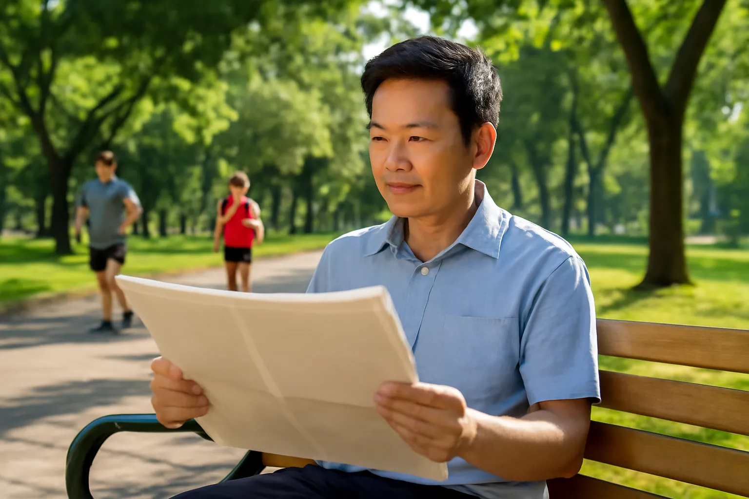 Người đàn ông Việt đọc báo giấy trên ghế công viên buổi sáng