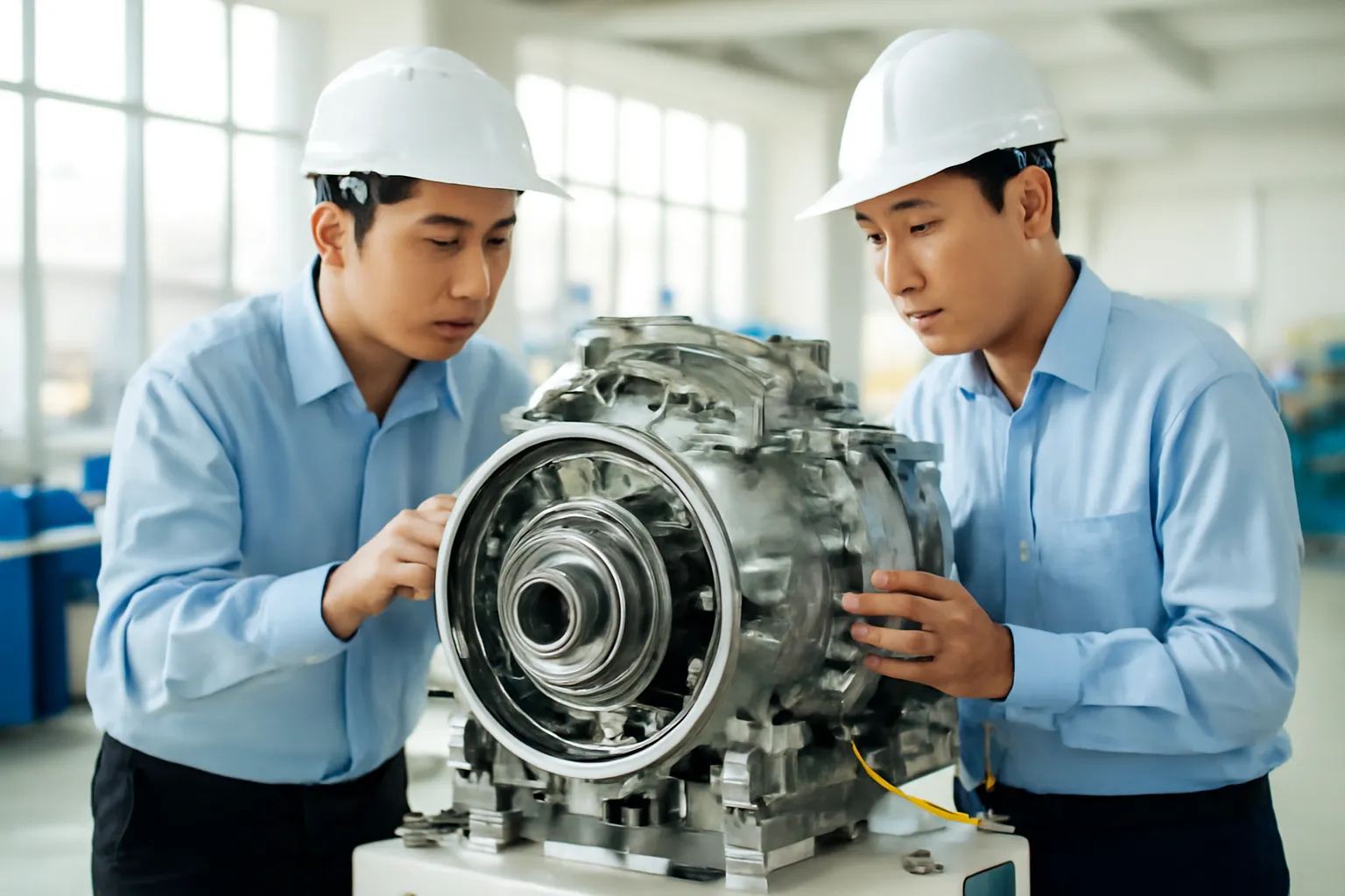 Kỹ sư Việt Nam kiểm tra thiết bị trong xưởng sáng sủa