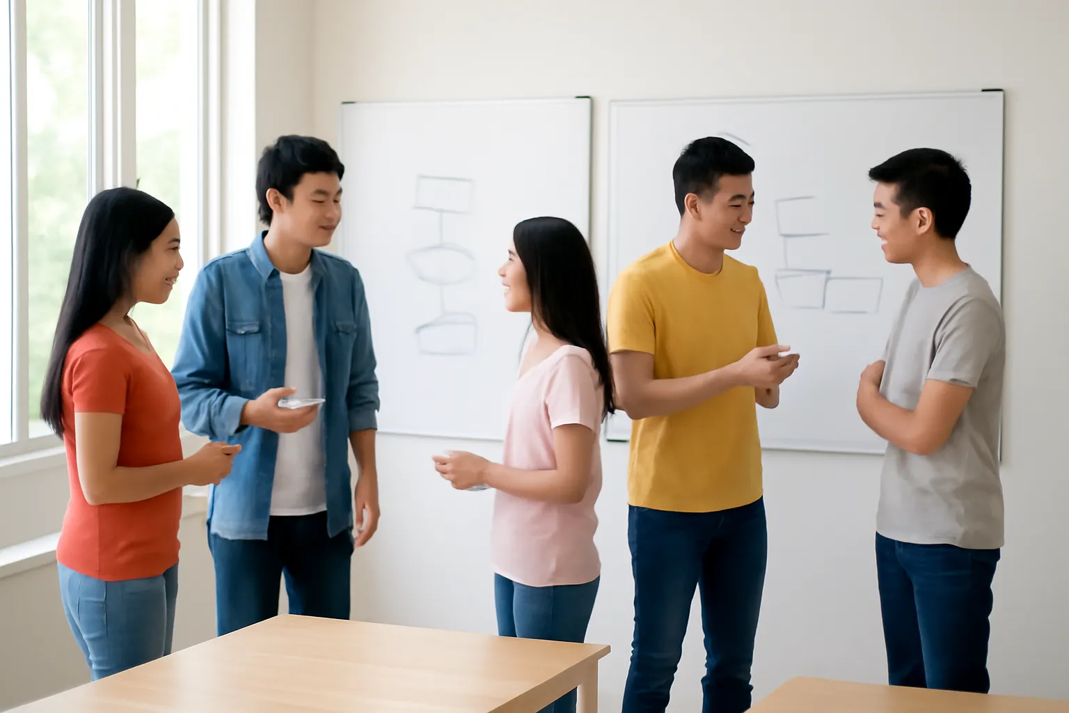 Hai nhóm bạn trẻ Việt Nam thảo luận bên hai tấm bảng trắng