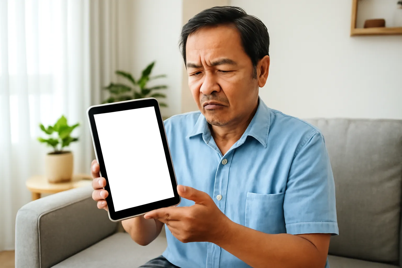 Người đàn ông Việt Nam trung niên xem tin tức trên máy tính bảng