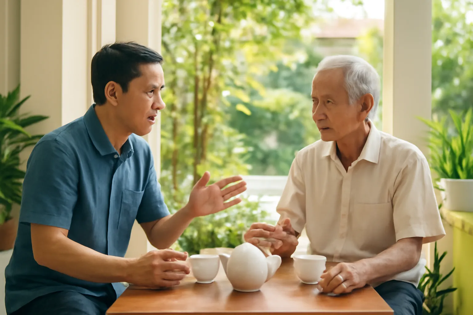Hai người Việt Nam tranh luận nhẹ nhàng bên bàn trà ngoài hiên