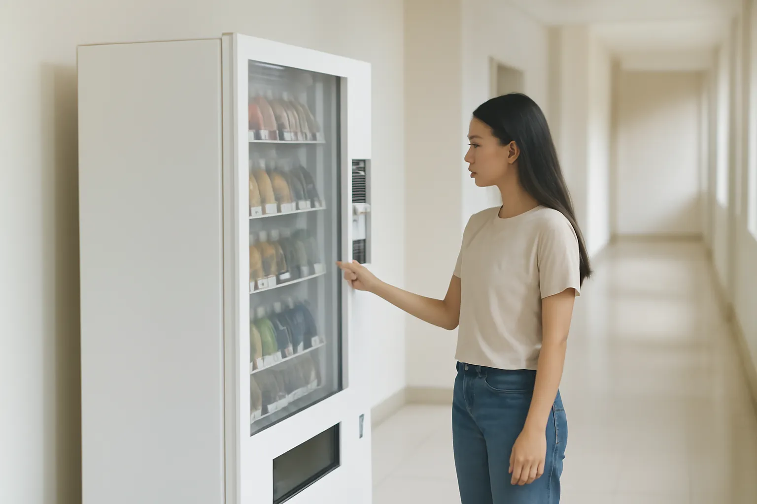 Máy bán nước tự động màu trắng đặt trong hành lang sáng