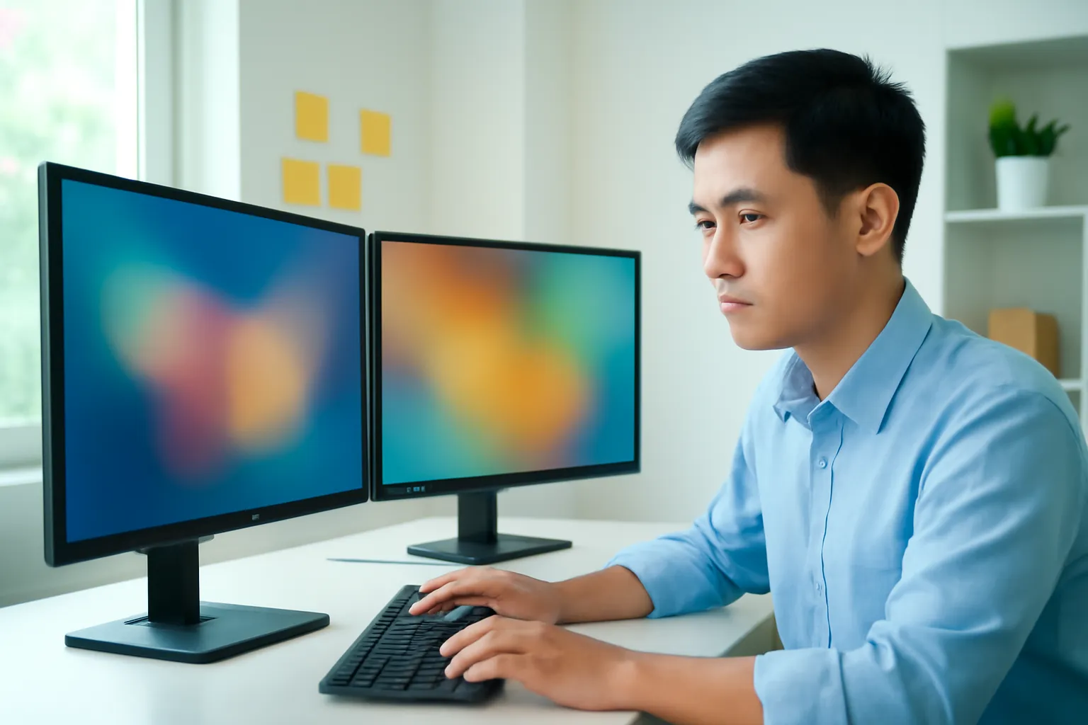Lập trình viên Việt Nam rà mã trên màn hình trống trong phòng làm việc sáng