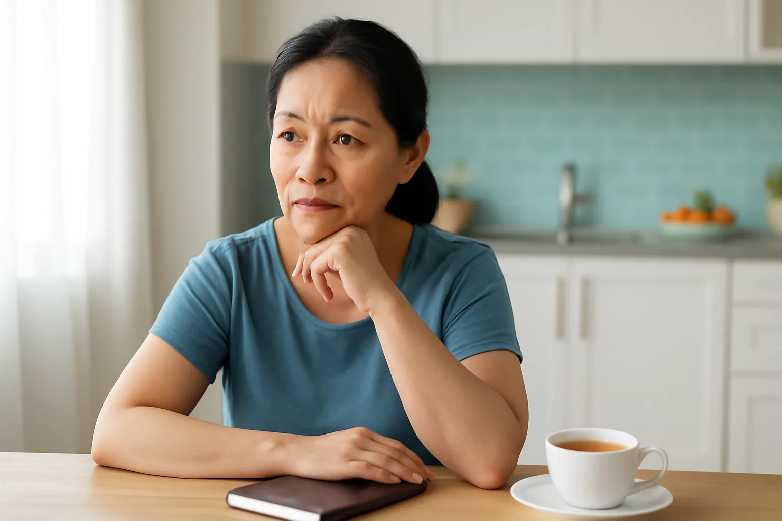 Người phụ nữ Việt Nam ngồi bên bàn với cuốn sổ, vẻ mặt suy tư