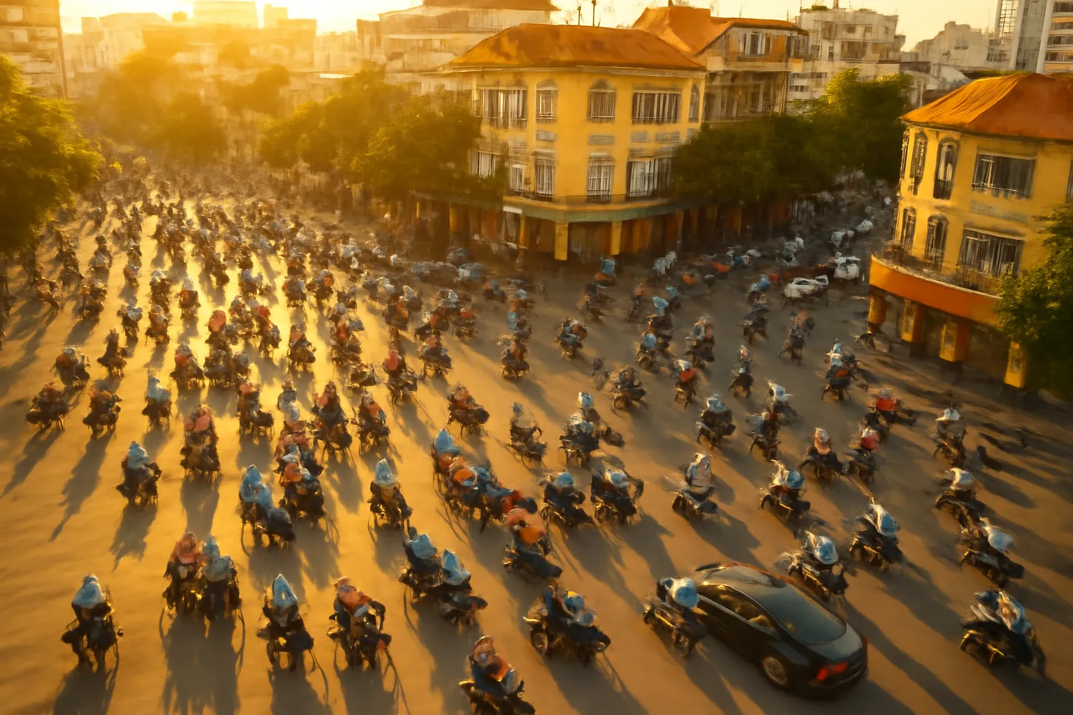 Đường phố Việt Nam lúc chiều với dòng xe đông đúc nhìn từ trên cao