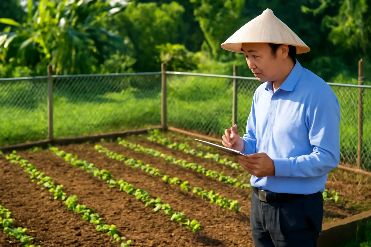 Khu vườn thí nghiệm nhỏ với hàng cây non được rào gọn gàng