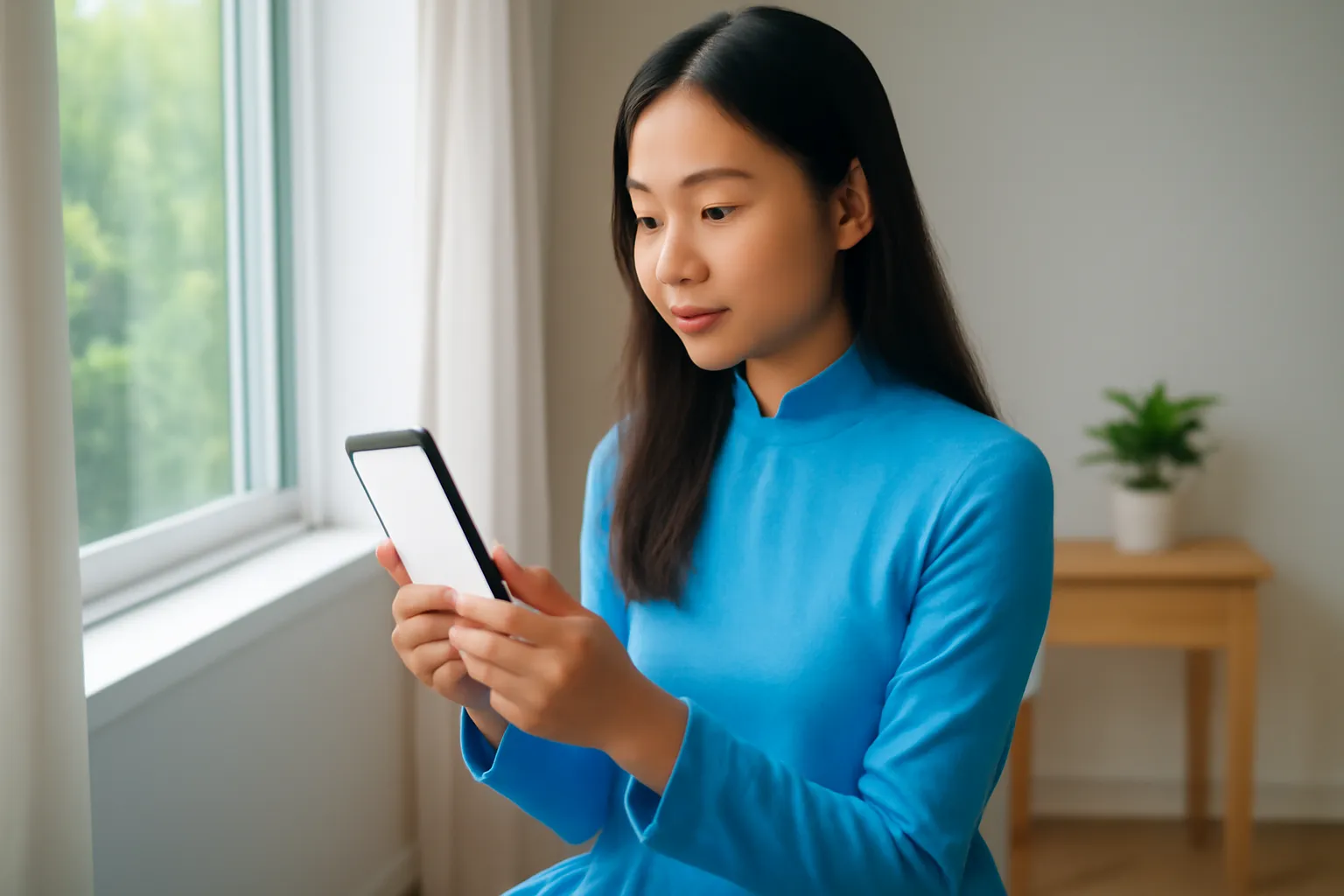 Người phụ nữ Việt Nam cập nhật điện thoại bên cửa sổ sáng