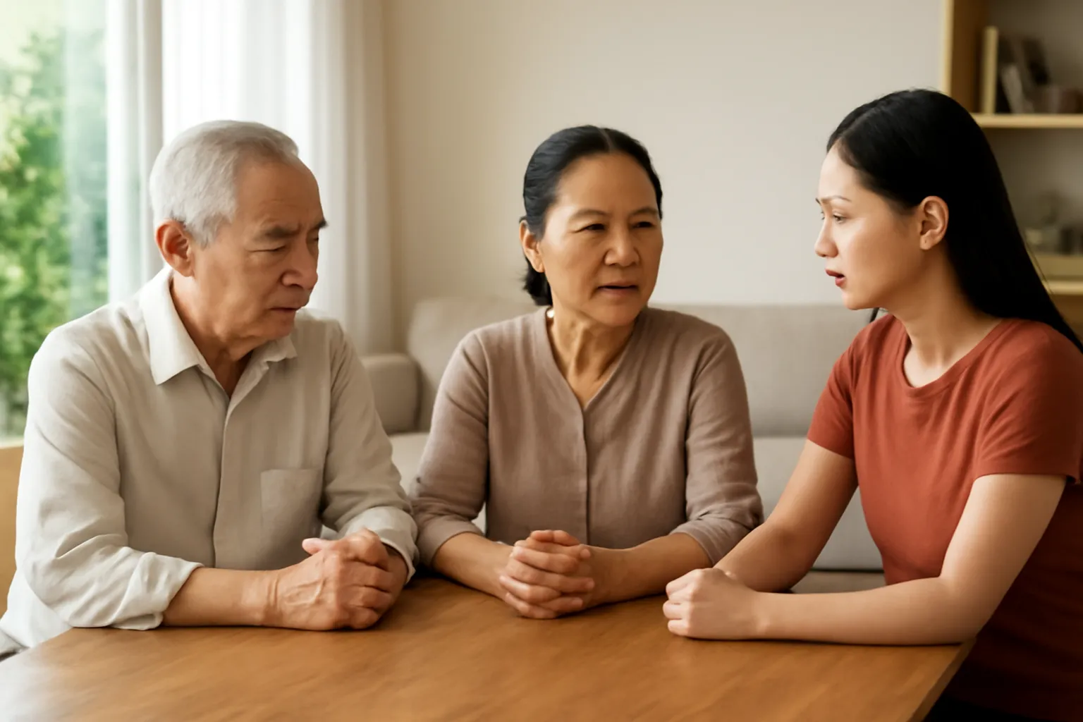 Gia đình Việt Nam ba thế hệ ngồi quanh bàn trong phòng khách sáng