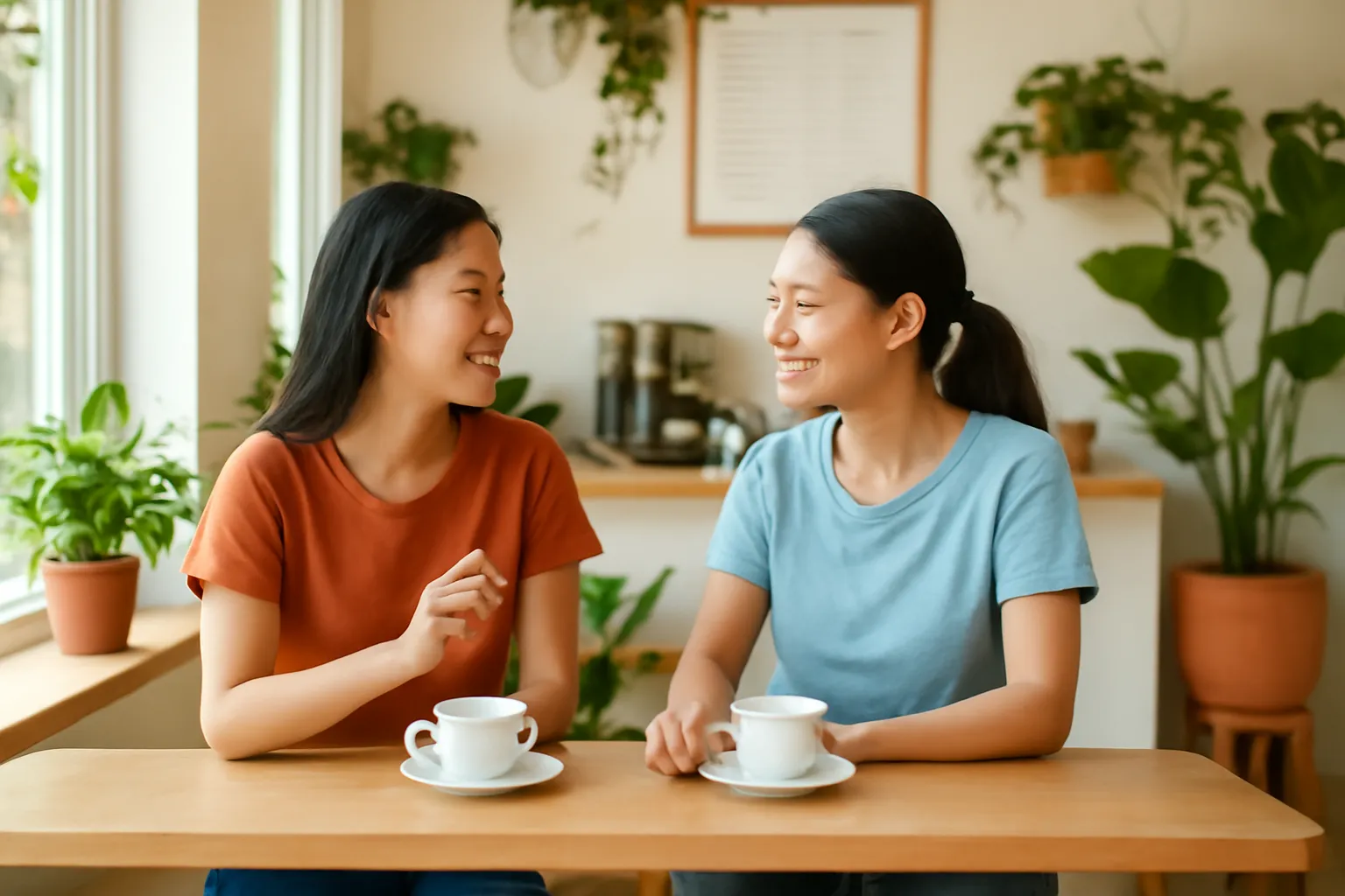 Hai người Việt trò chuyện bên quầy cà phê sáng