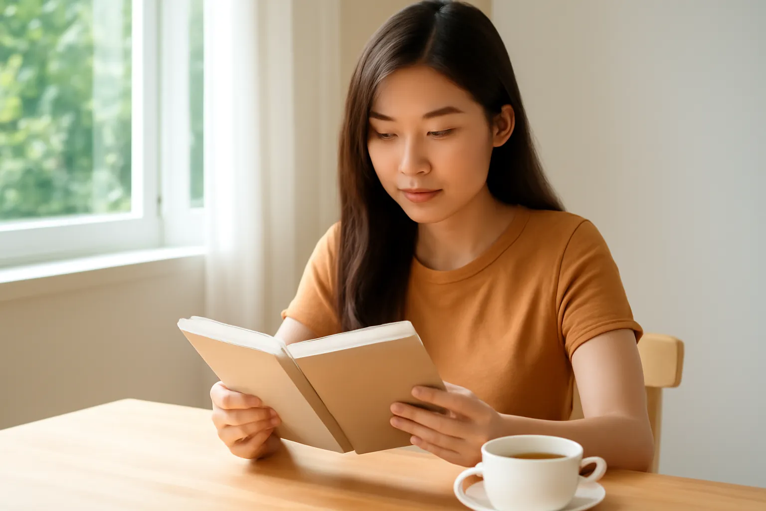 Người trẻ Việt Nam ngồi học bên bàn gỗ với sổ tay và cốc trà
