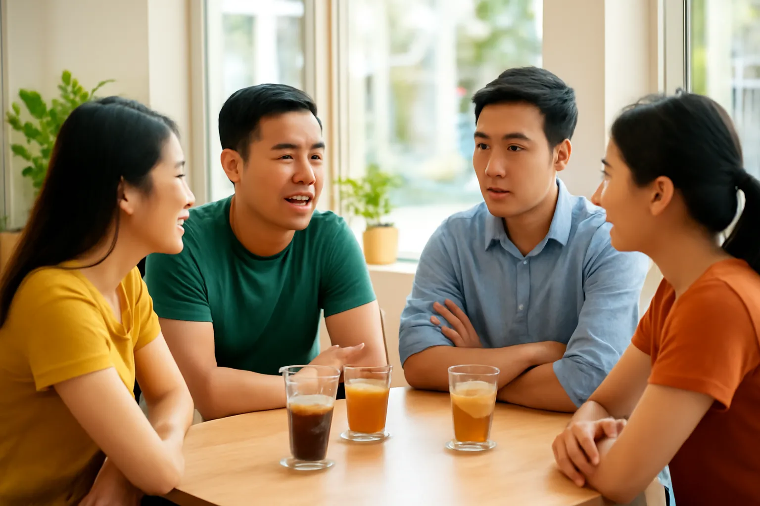 Nhóm bạn trẻ Việt Nam trò chuyện trong quán cà phê, một người lắng nghe trầm tư
