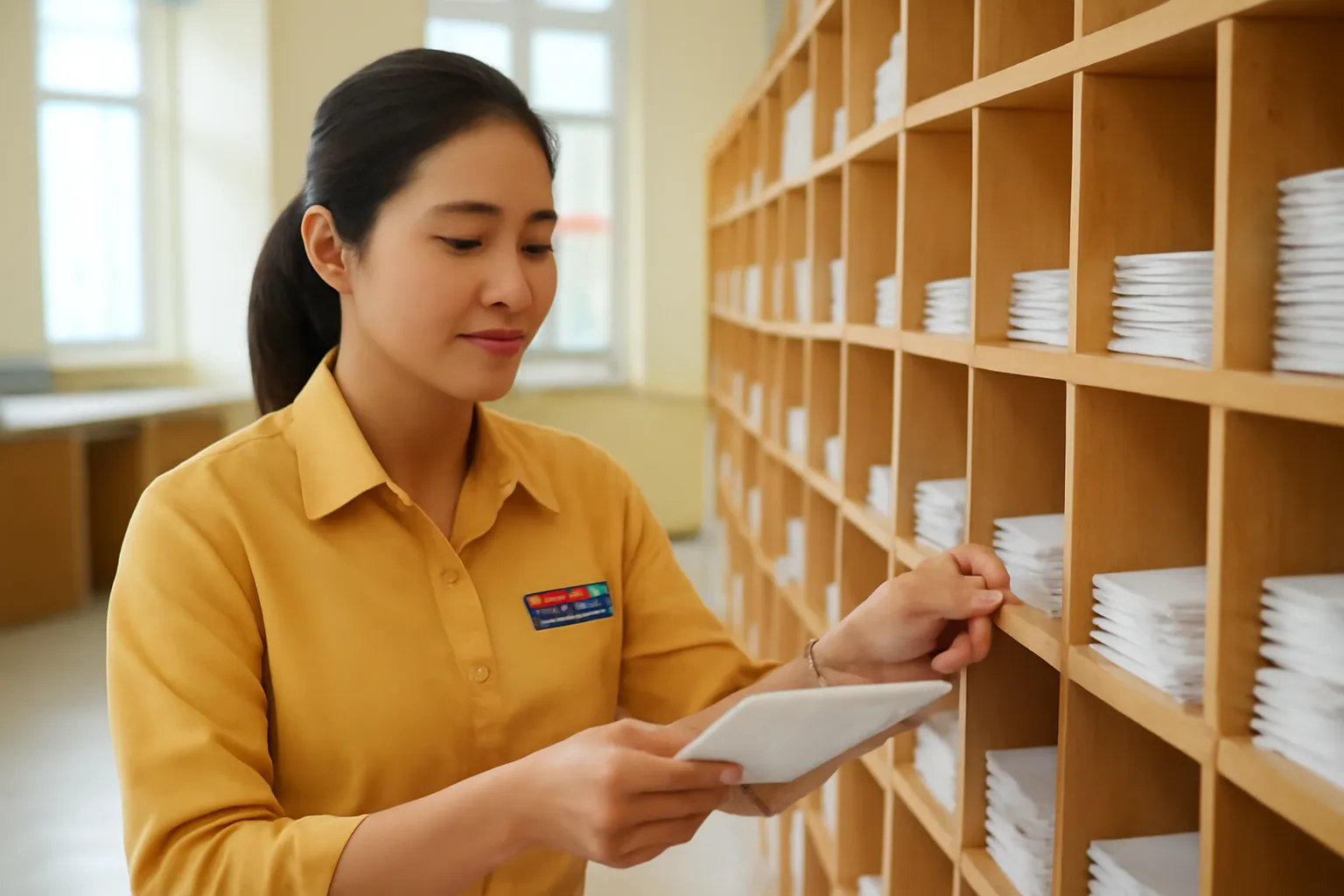 Bưu tá Việt Nam phân loại phong bì trắng trong bưu cục sáng