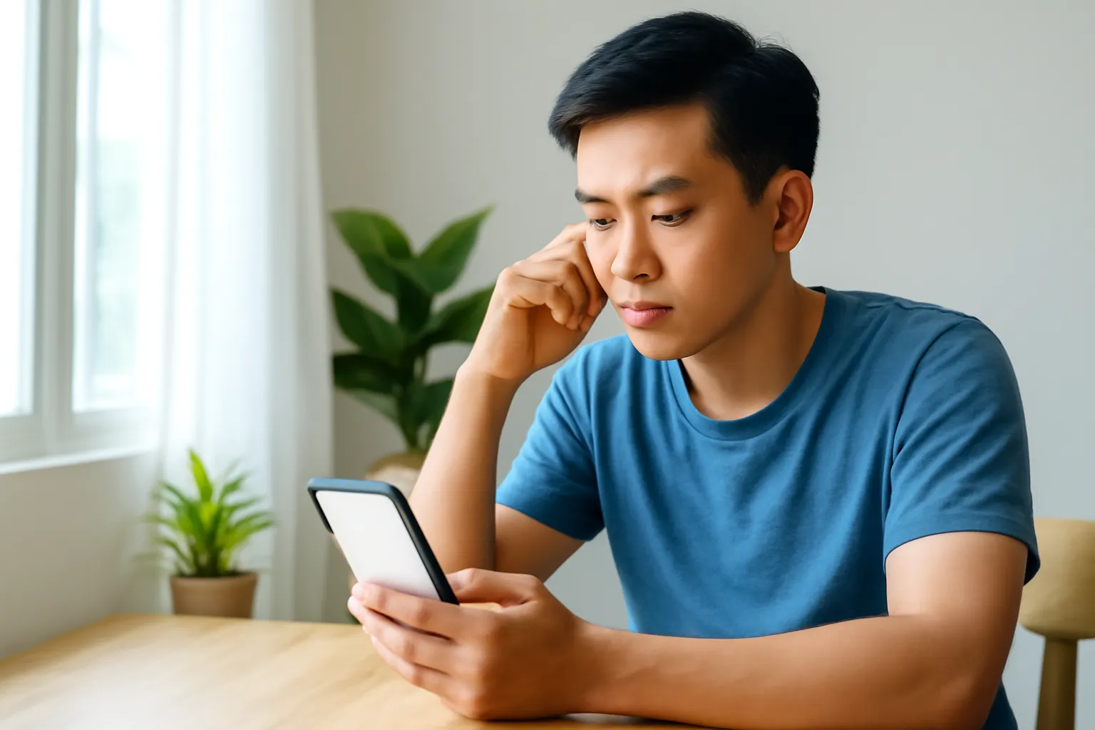 Bạn trẻ Việt Nam cầm điện thoại ngồi bên bàn gỗ sáng