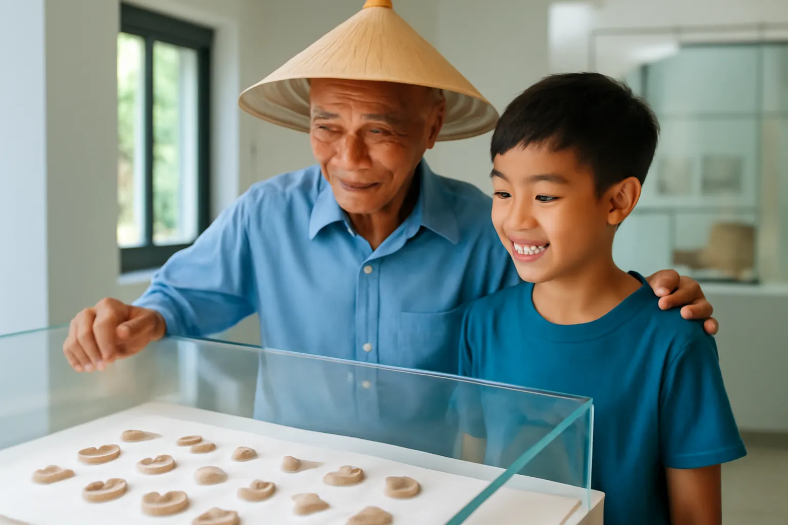 Người Việt lớn tuổi và người trẻ cùng xem vỏ sò cổ trong viện bảo tàng